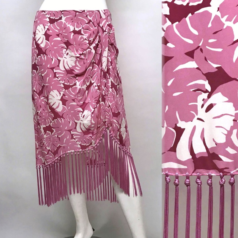 MICHAEL KORS Pink Silk TROPICAL Skirt FRINGE 8 M - Picture 1 of 8